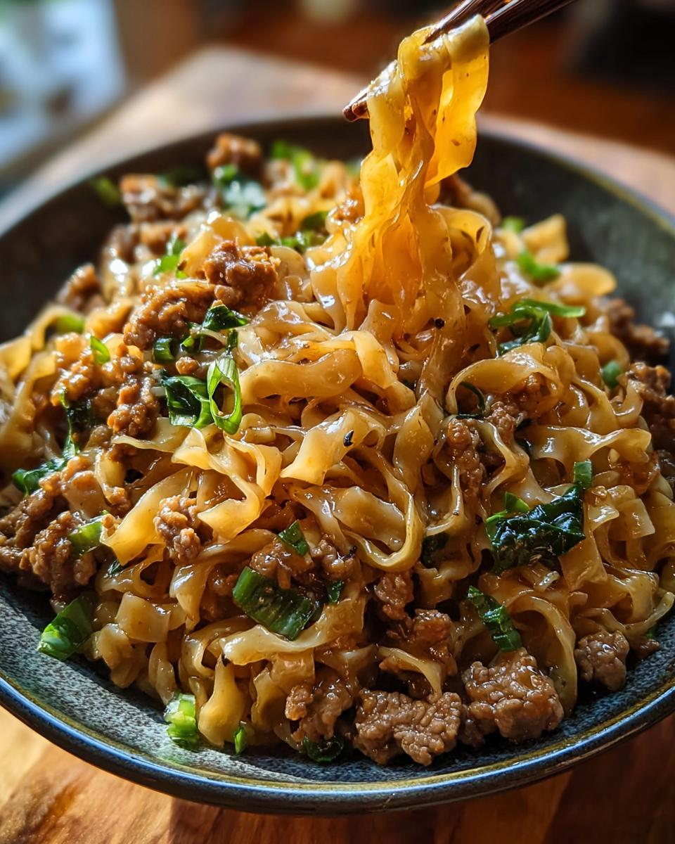A close-up of a potsticker noodle bowl with savory ground pork and fresh scallions, being lifted by chopsticks.