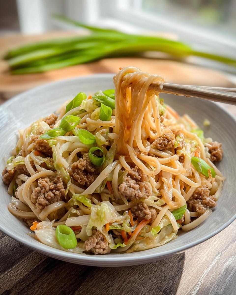 Close-up of a bowl of Potsticker Noodle Bowl with Pork & Cabbage Slaw, with noodles being lifted by chopsticks.