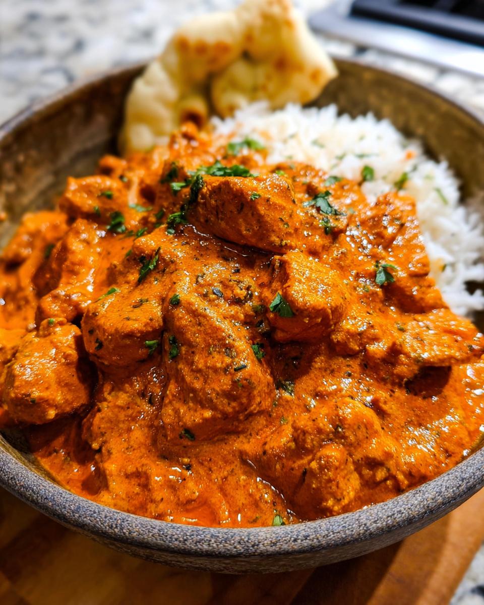 A bowl of Quick & Easy Homemade Butter Chicken served with fluffy white rice and naan bread, garnished with fresh cilantro.