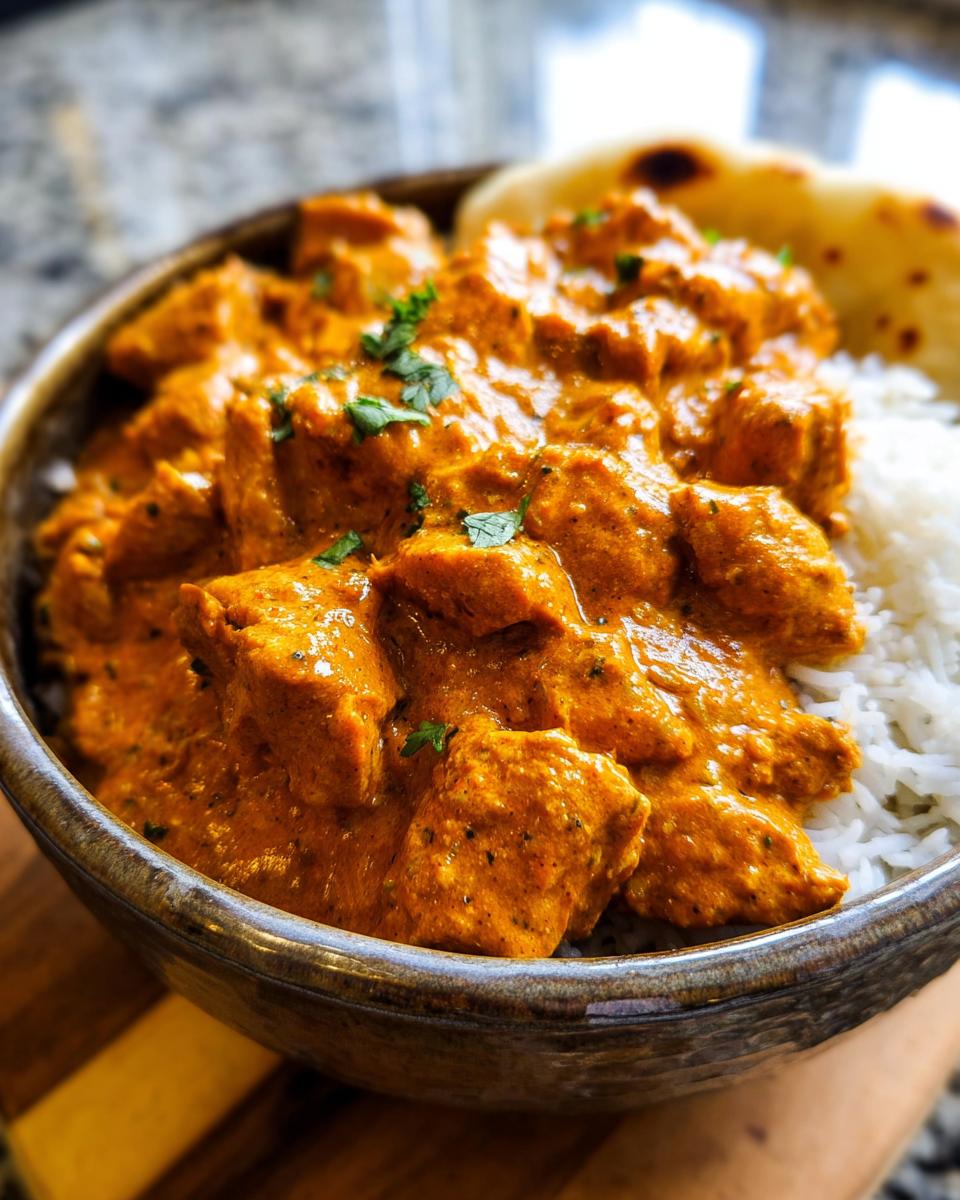 A bowl of Quick & Easy Homemade Butter Chicken served with fluffy white rice and a piece of naan bread.