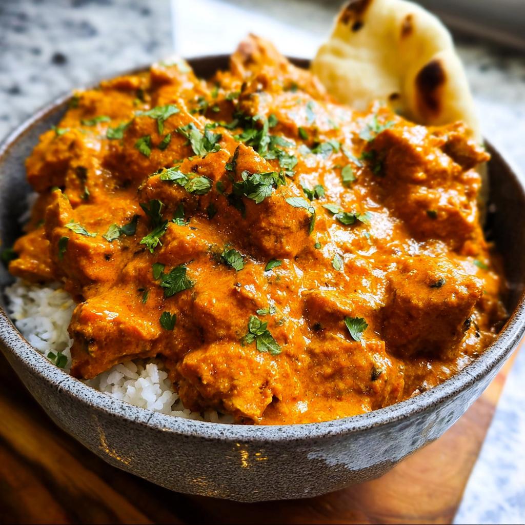 A bowl of Quick & Easy Homemade Butter Chicken served over fluffy white rice, garnished with fresh cilantro and a piece of naan.