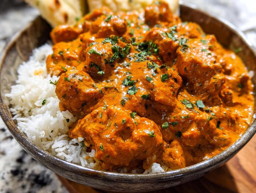 A bowl of fluffy white rice topped with tender pieces of Quick & Easy Homemade Butter Chicken, garnished with fresh parsley.