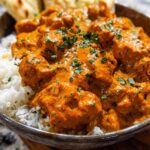 A bowl of fluffy white rice topped with tender pieces of Quick & Easy Homemade Butter Chicken, garnished with fresh parsley.