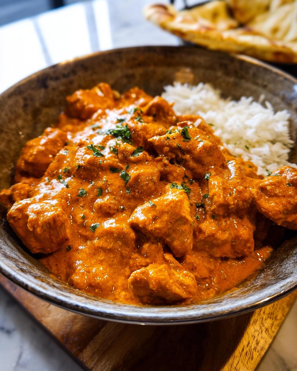 A close-up of a bowl filled with Quick & Easy Homemade Butter Chicken served with fluffy white rice and garnished with fresh parsley.