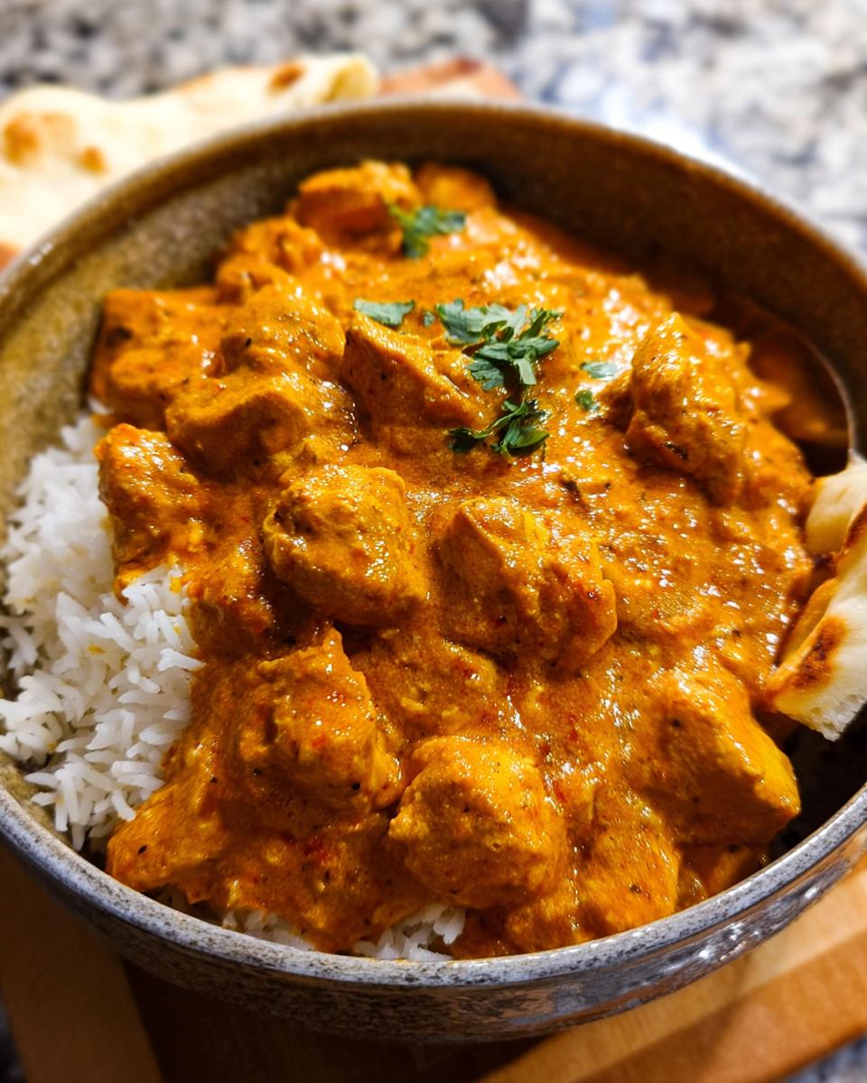 A bowl of fluffy white rice topped with tender chicken pieces in a rich, creamy orange butter chicken sauce, garnished with fresh cilantro.
