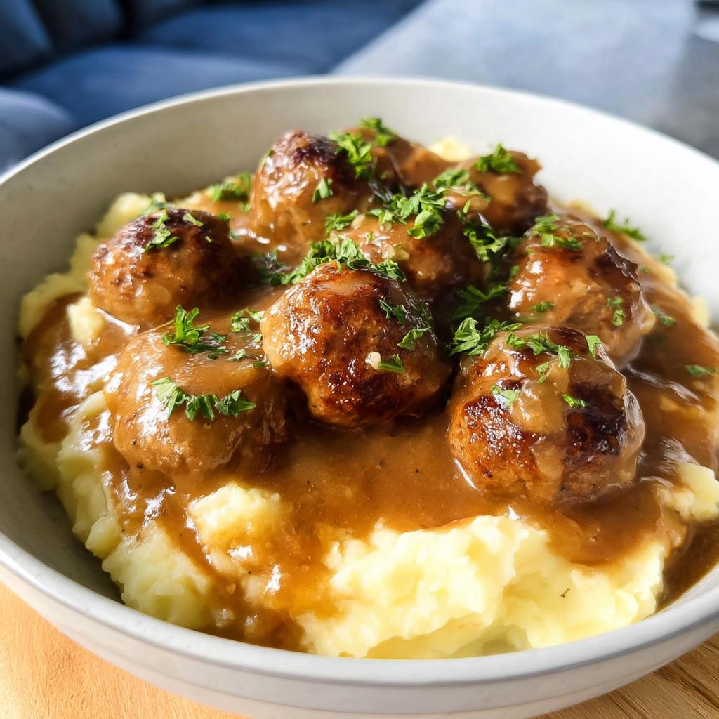 A bowl of Salisbury steak meatballs smothered in gravy, served over creamy garlic herb mashed potatoes and garnished with parsley.