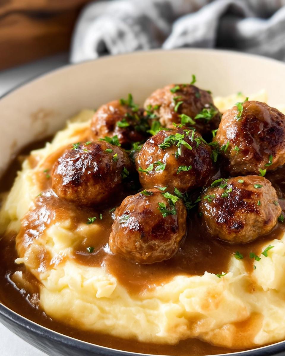 Close-up of Salisbury Steak Meatballs served over creamy Garlic Herb Mashed Potatoes, garnished with parsley.