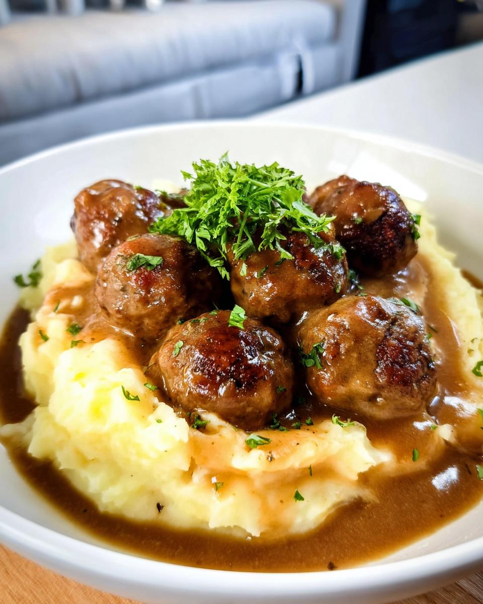 A bowl of Salisbury Steak Meatballs served over creamy Garlic Herb Mashed Potatoes, garnished with fresh parsley.
