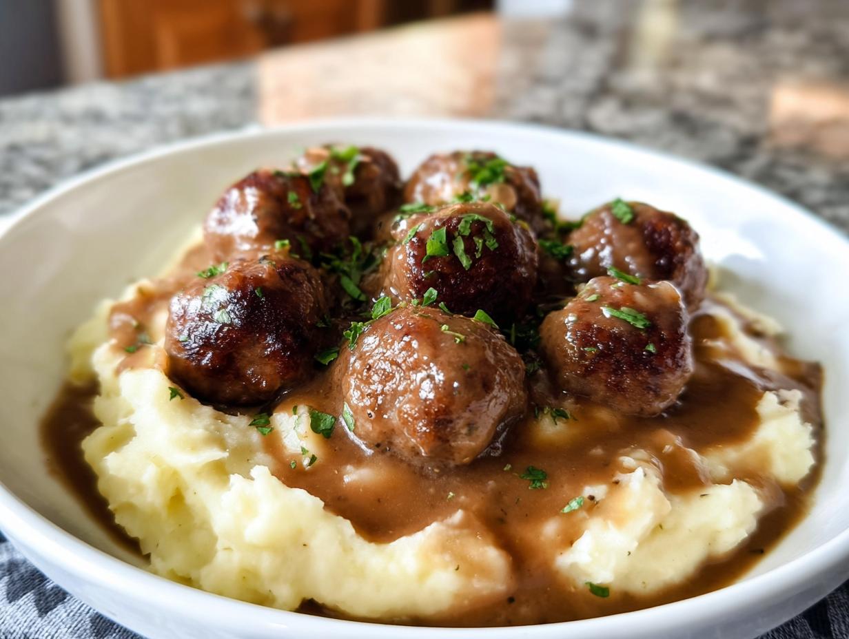 A bowl of Salisbury steak meatballs served over creamy garlic herb mashed potatoes, garnished with fresh parsley.