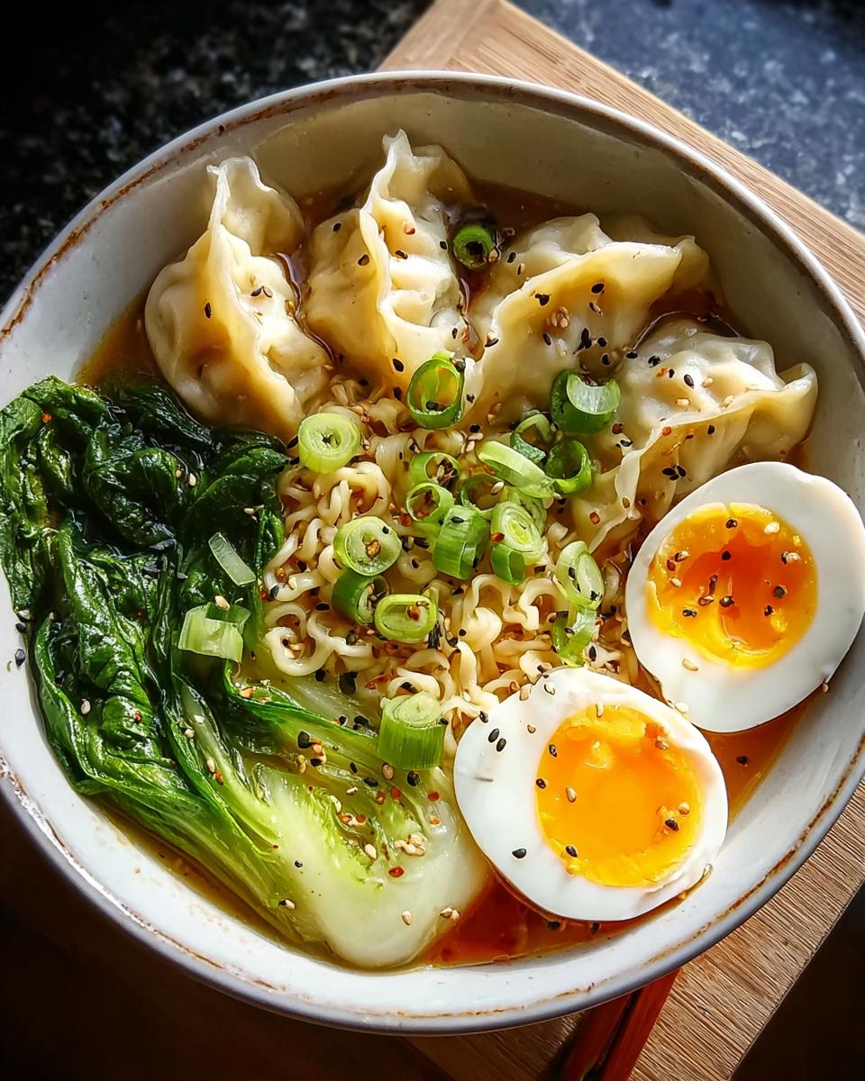 A close-up of a Savory Dumpling Ramen Bowl with soft-boiled eggs, bok choy, noodles, and green onions.