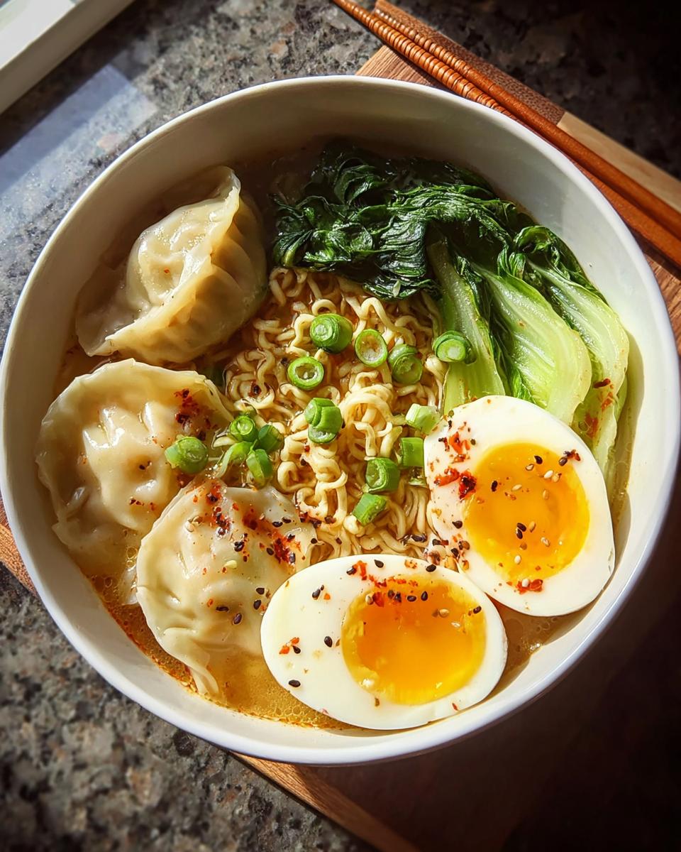 A close-up of a Savory Dumpling Ramen Bowl with soft-boiled eggs, dumplings, noodles, and greens, garnished with scallions and chili flakes.
