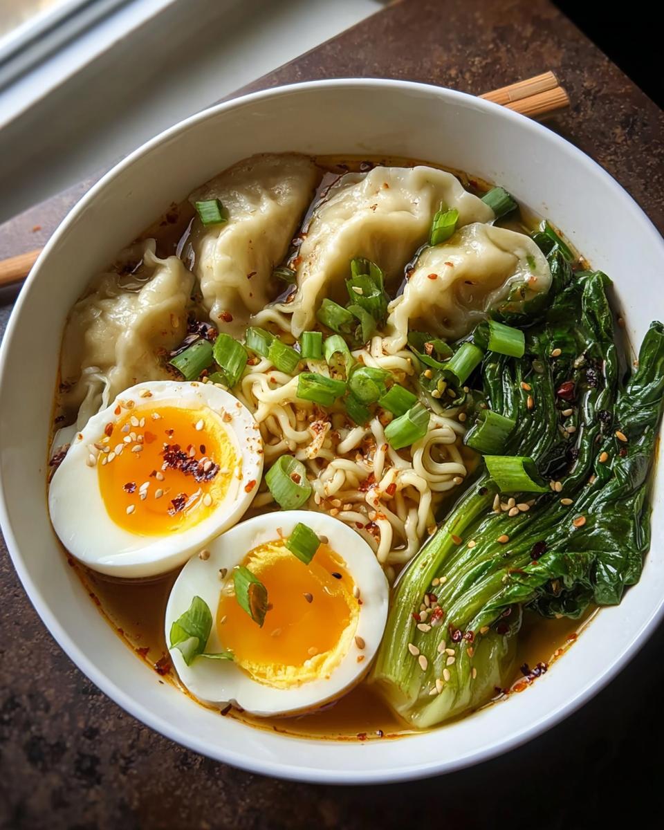 A close-up of a Savory Dumpling Ramen Bowl with soft-boiled eggs, dumplings, noodles, and greens.