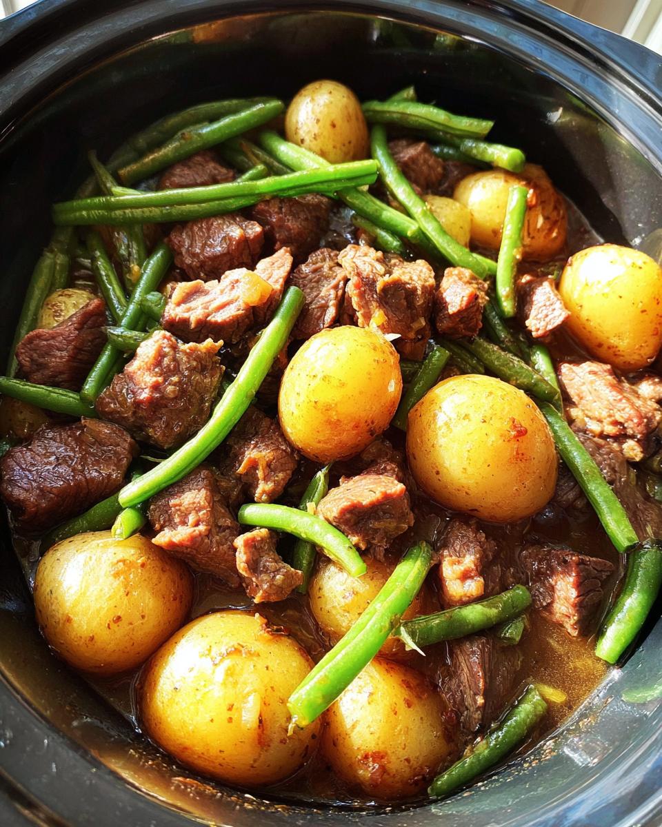 A close-up view of Slow Cooker Garlic Butter Beef with Potatoes and green beans in a crock pot.