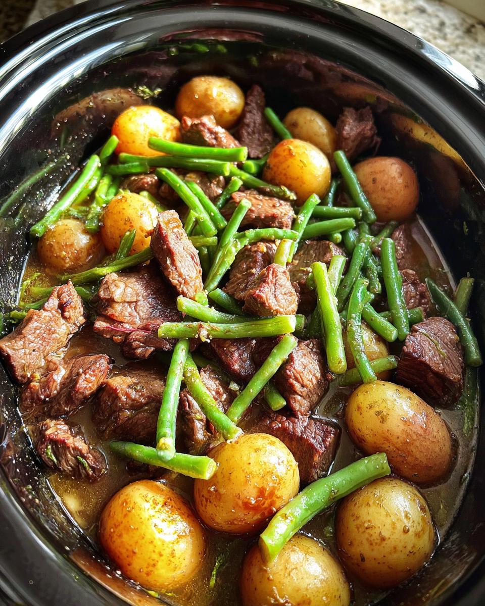 Close-up of Slow Cooker Garlic Butter Beef with Potatoes and green beans in a black crock pot.