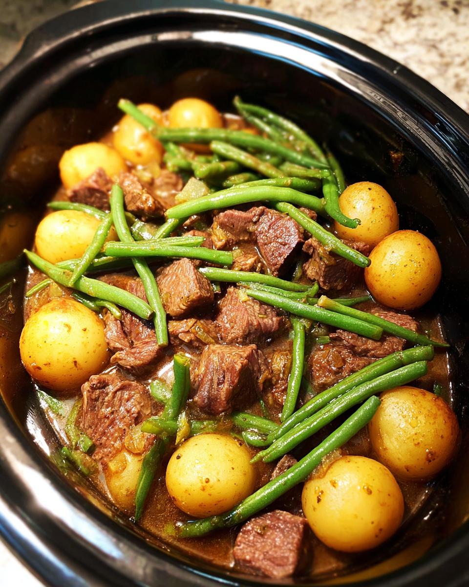 Close-up of Slow Cooker Garlic Butter Beef with Potatoes and green beans in a crock pot.