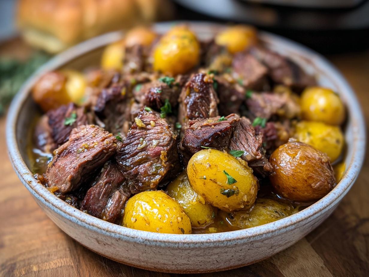A bowl of tender Slow Cooker Garlic Butter Beef with Potatoes, garnished with fresh herbs.