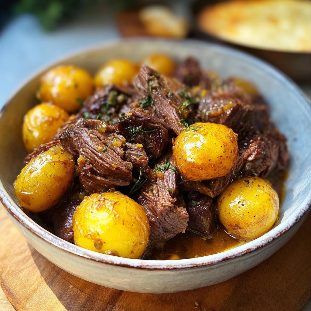 A bowl of tender slow cooker garlic butter beef with small golden potatoes, garnished with herbs.