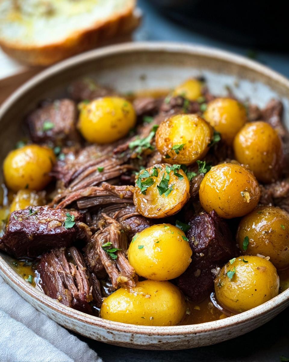 A bowl of Slow Cooker Garlic Butter Beef with Potatoes, garnished with fresh parsley.