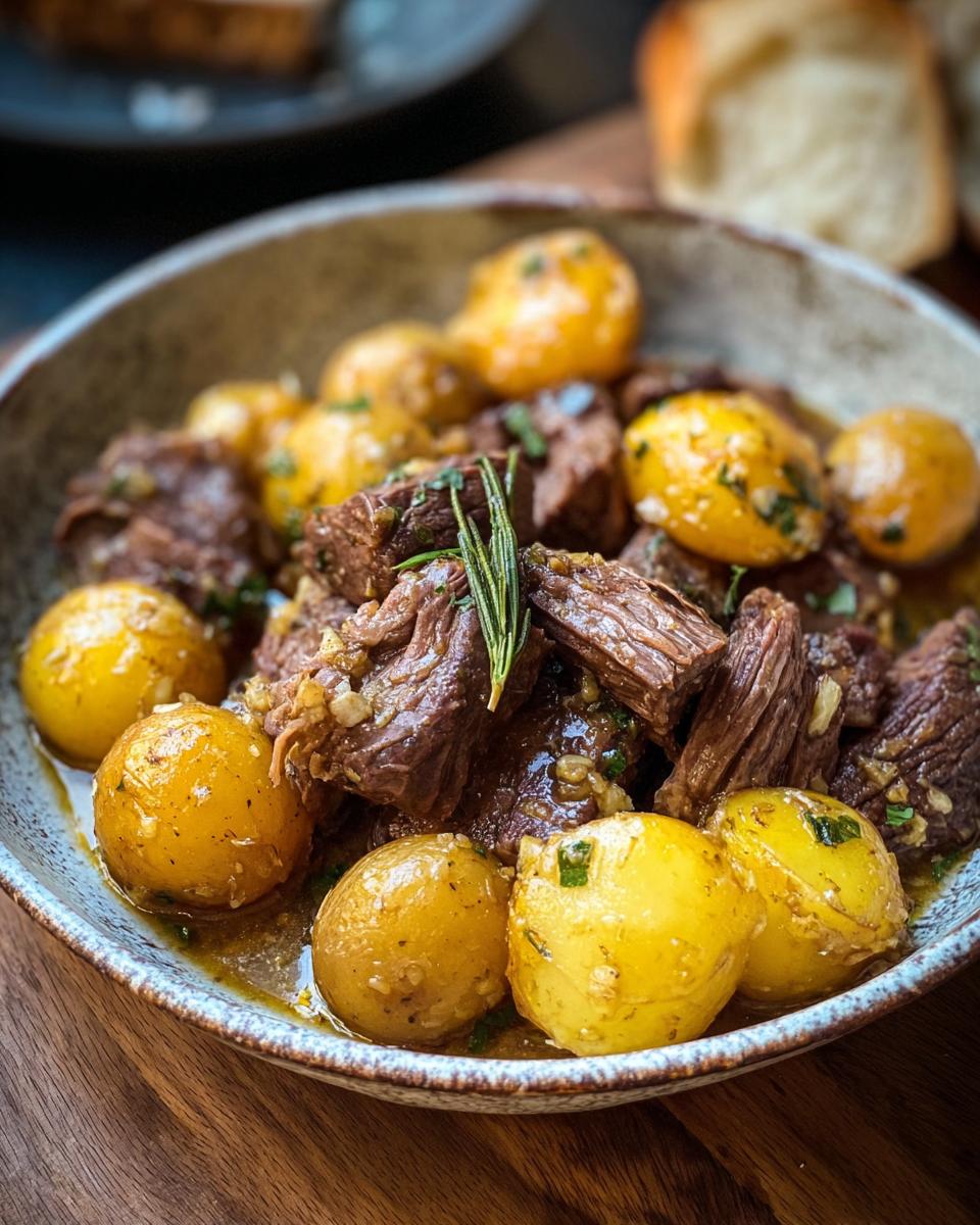 A bowl of tender Slow Cooker Garlic Butter Beef with Potatoes, garnished with rosemary and herbs.