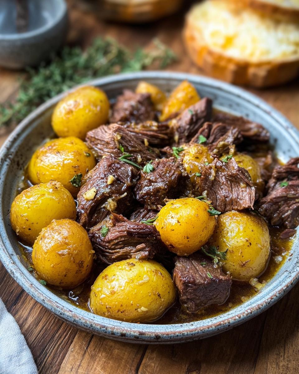 A bowl of tender Slow Cooker Garlic Butter Beef with Potatoes, garnished with fresh herbs.