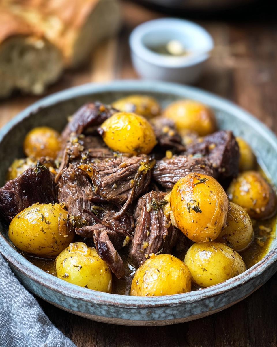 A bowl of tender Slow Cooker Garlic Butter Beef with Potatoes, garnished with herbs.