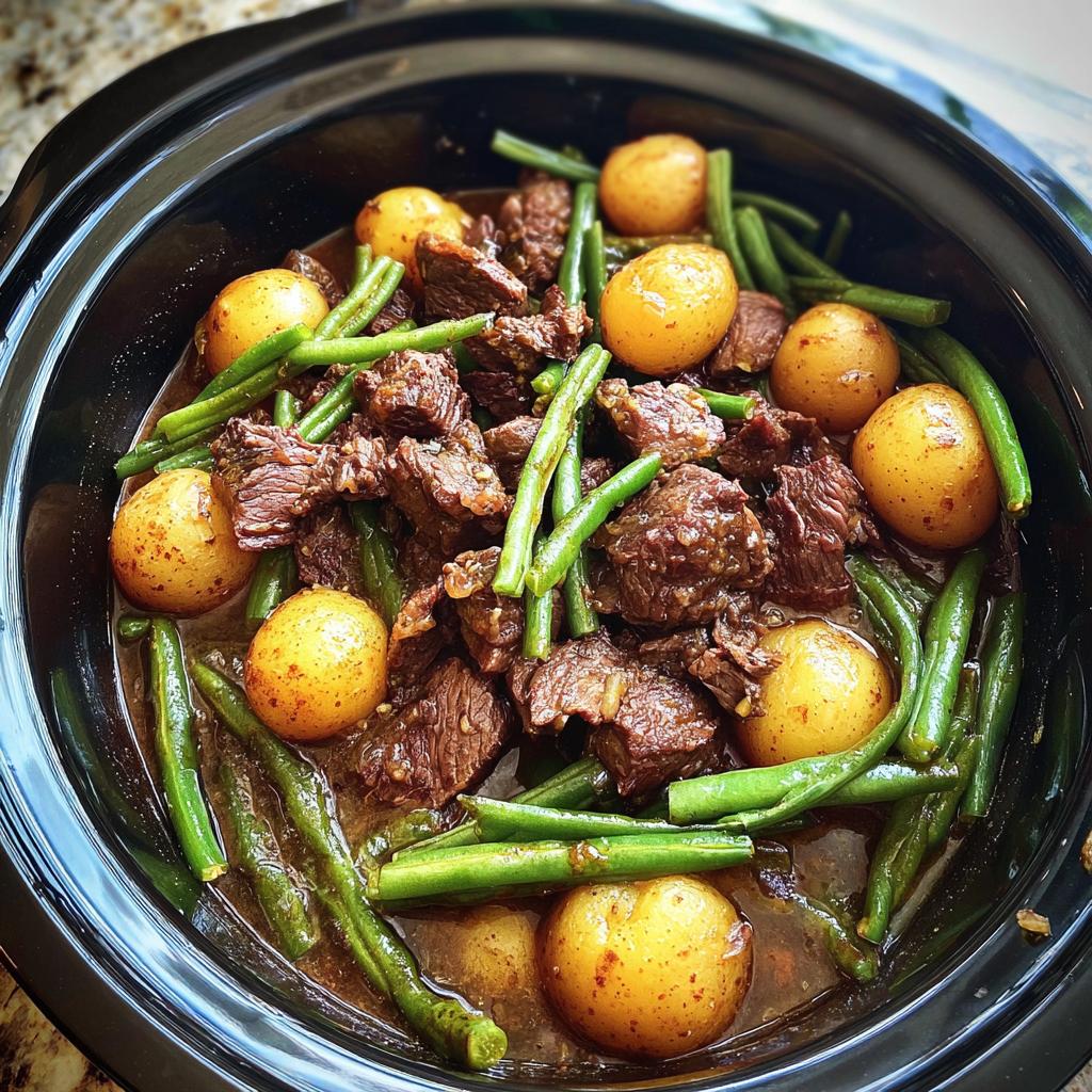 Overhead view of a slow cooker filled with tender Slow Cooker Garlic Butter Beef with Potatoes and bright green beans.