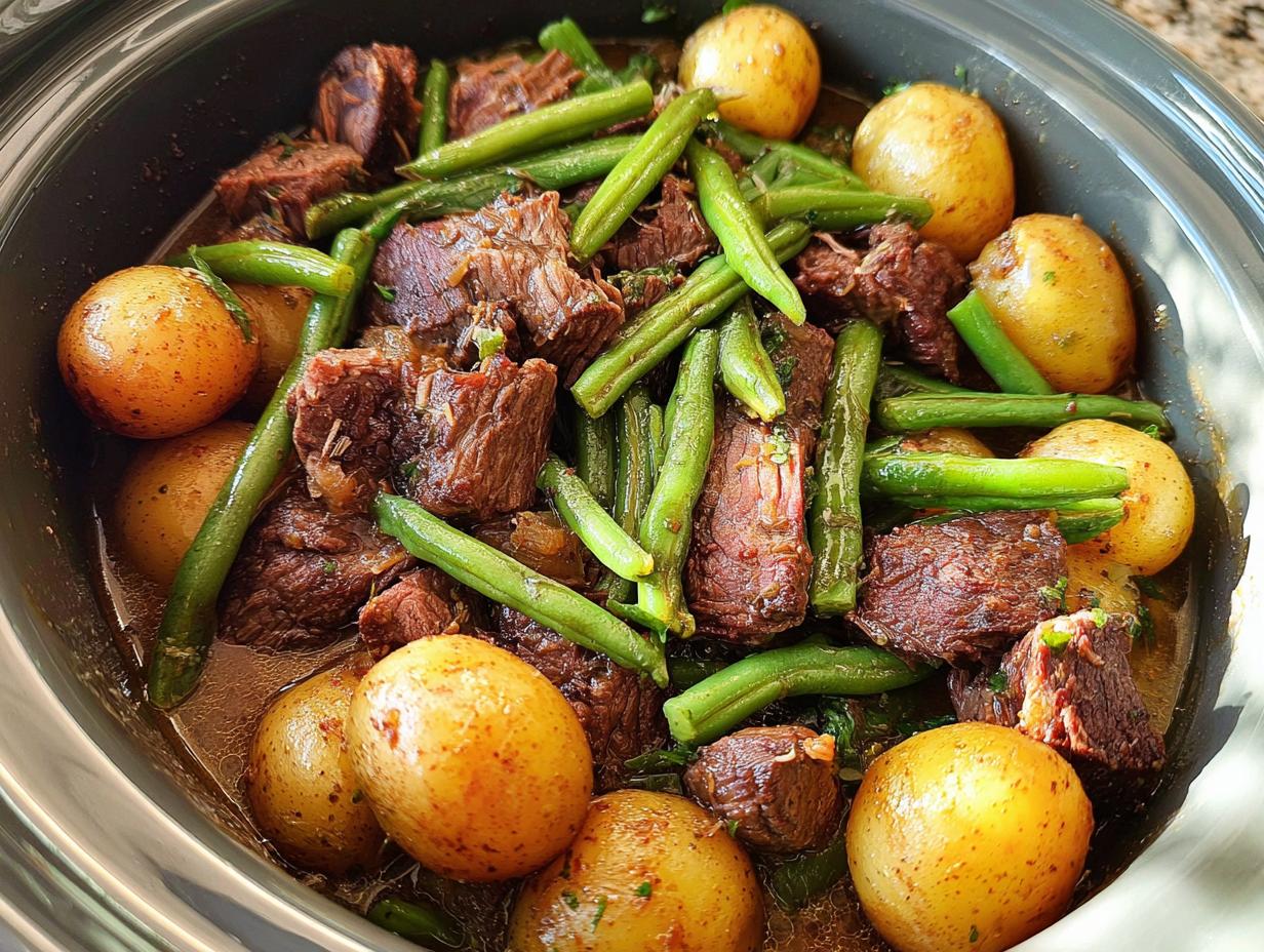 A close-up overhead view of slow cooker garlic butter beef with potatoes and green beans in a crock pot.