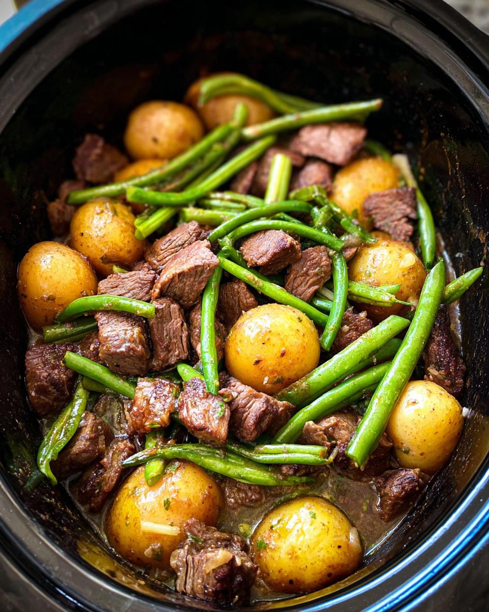 Overhead view of Slow Cooker Garlic Butter Beef with Potatoes and green beans in a crock pot.