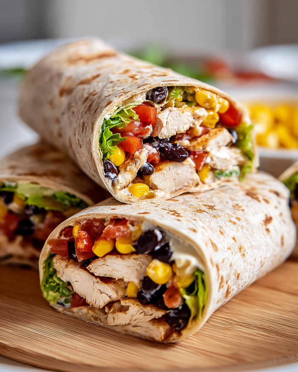 Close-up of two Southwest Chicken Wraps filled with grilled chicken, black beans, corn, tomatoes, and lettuce.