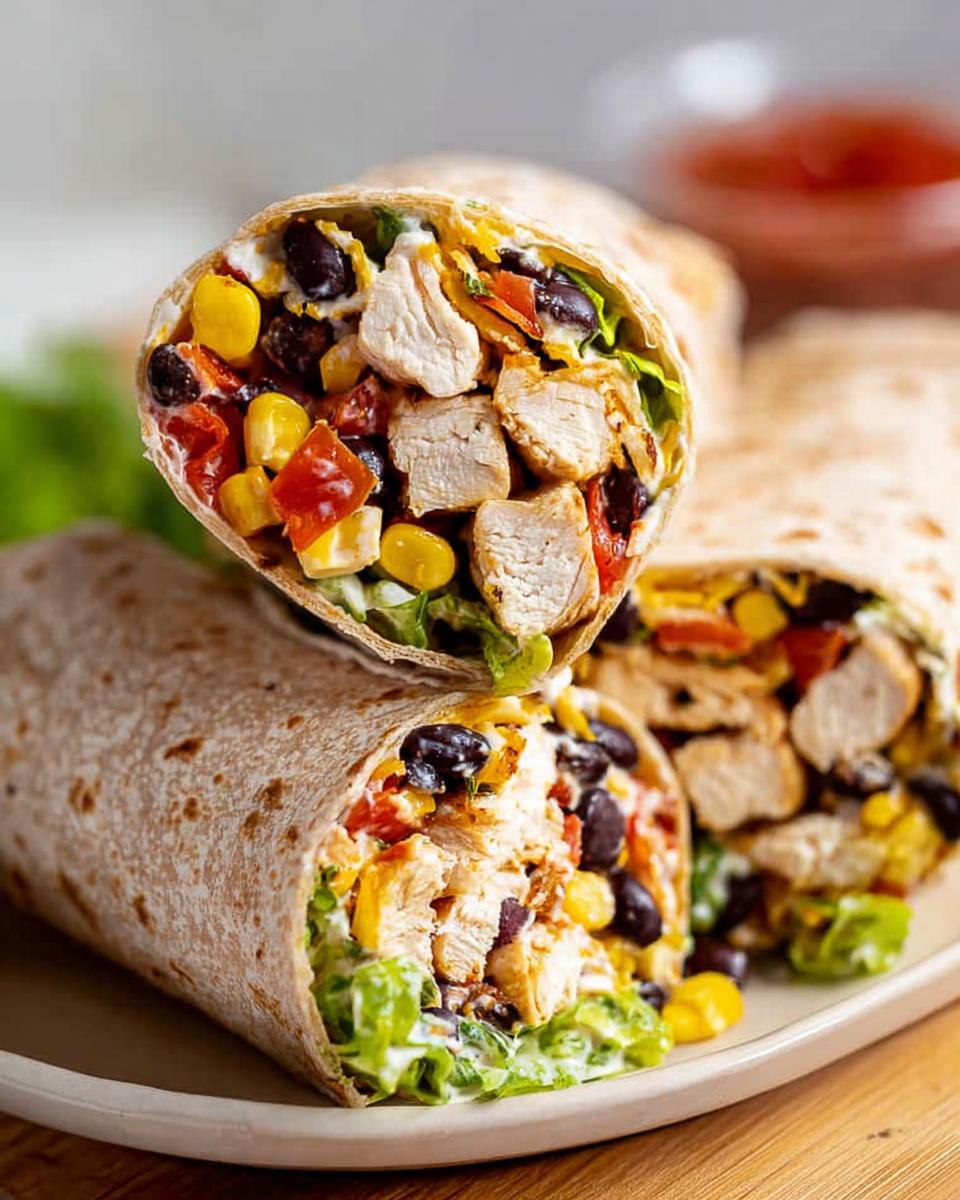 Close-up of Southwest Chicken Wraps packed with chicken, black beans, corn, tomatoes, and lettuce.