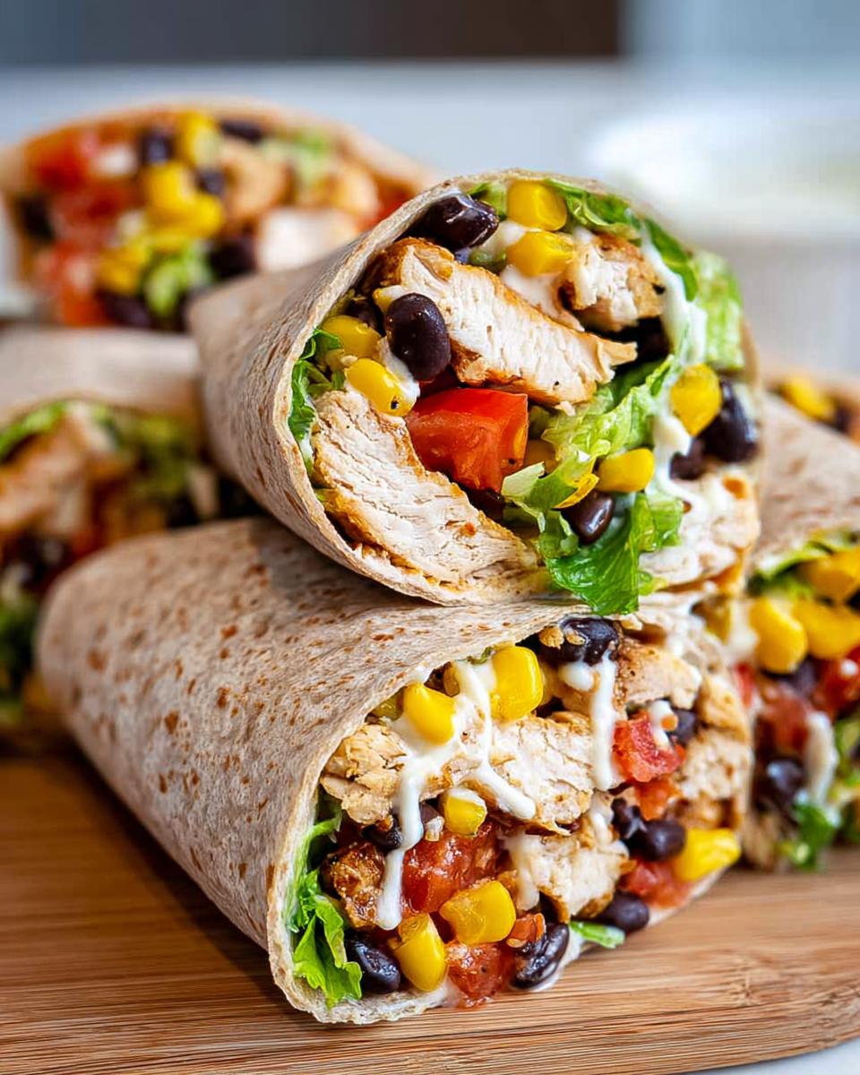 Close-up of delicious Southwest Chicken Wraps filled with grilled chicken, black beans, corn, lettuce, and tomatoes.