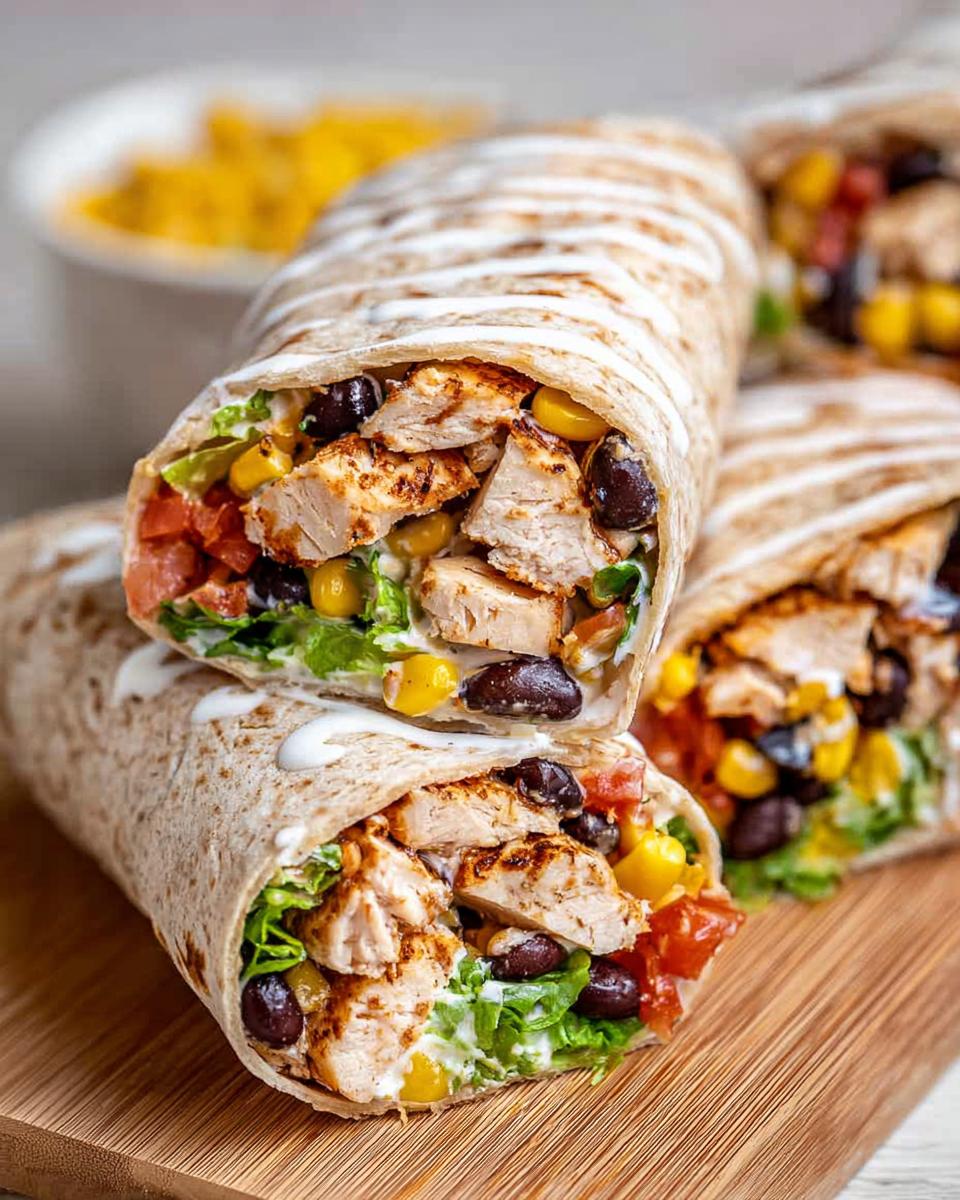 Close-up of stacked Southwest Chicken Wraps filled with grilled chicken, black beans, corn, lettuce, and tomatoes, drizzled with sauce.