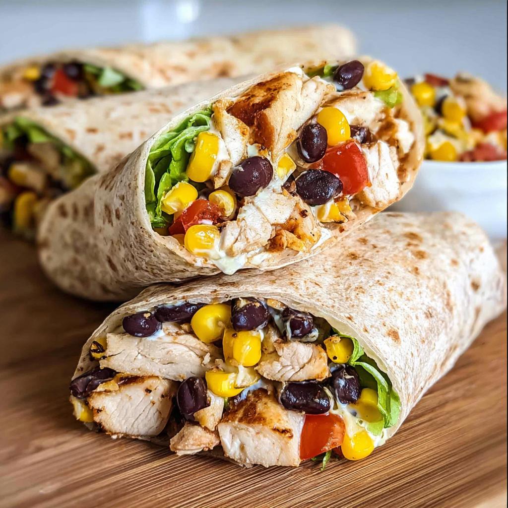 Close-up of a delicious Southwest Chicken Wrap filled with grilled chicken, corn, black beans, and lettuce.