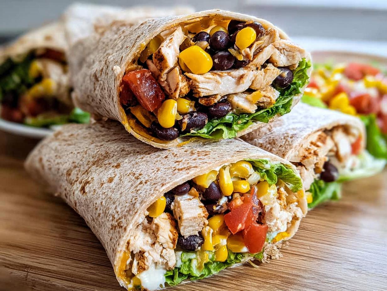 Two halves of a Southwest Chicken Wrap filled with grilled chicken, black beans, corn, tomatoes, and lettuce.