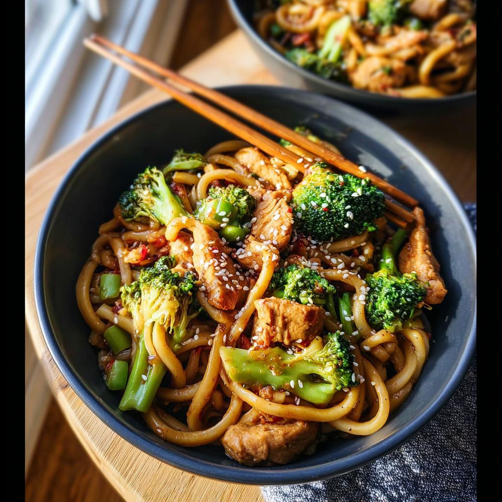 A close-up of a bowl of Spicy Garlic Chicken and Broccoli Noodle Bowls, topped with sesame seeds and chopsticks.