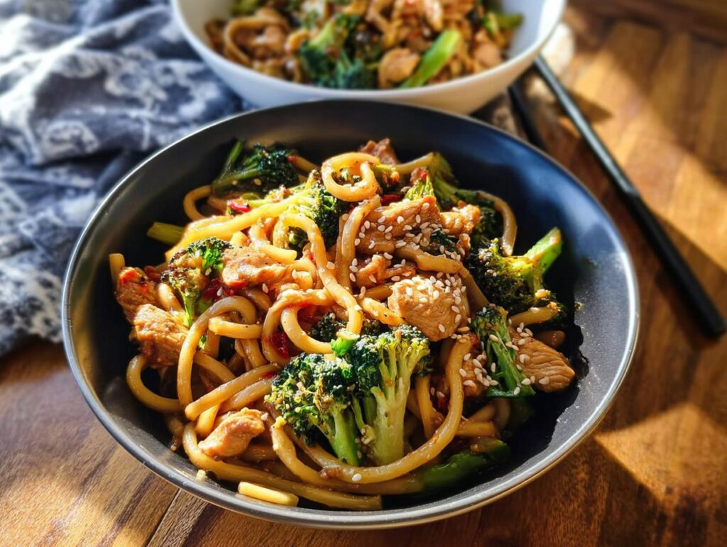 A close-up of a bowl filled with Spicy Garlic Chicken and Broccoli Noodle Bowls, garnished with sesame seeds.