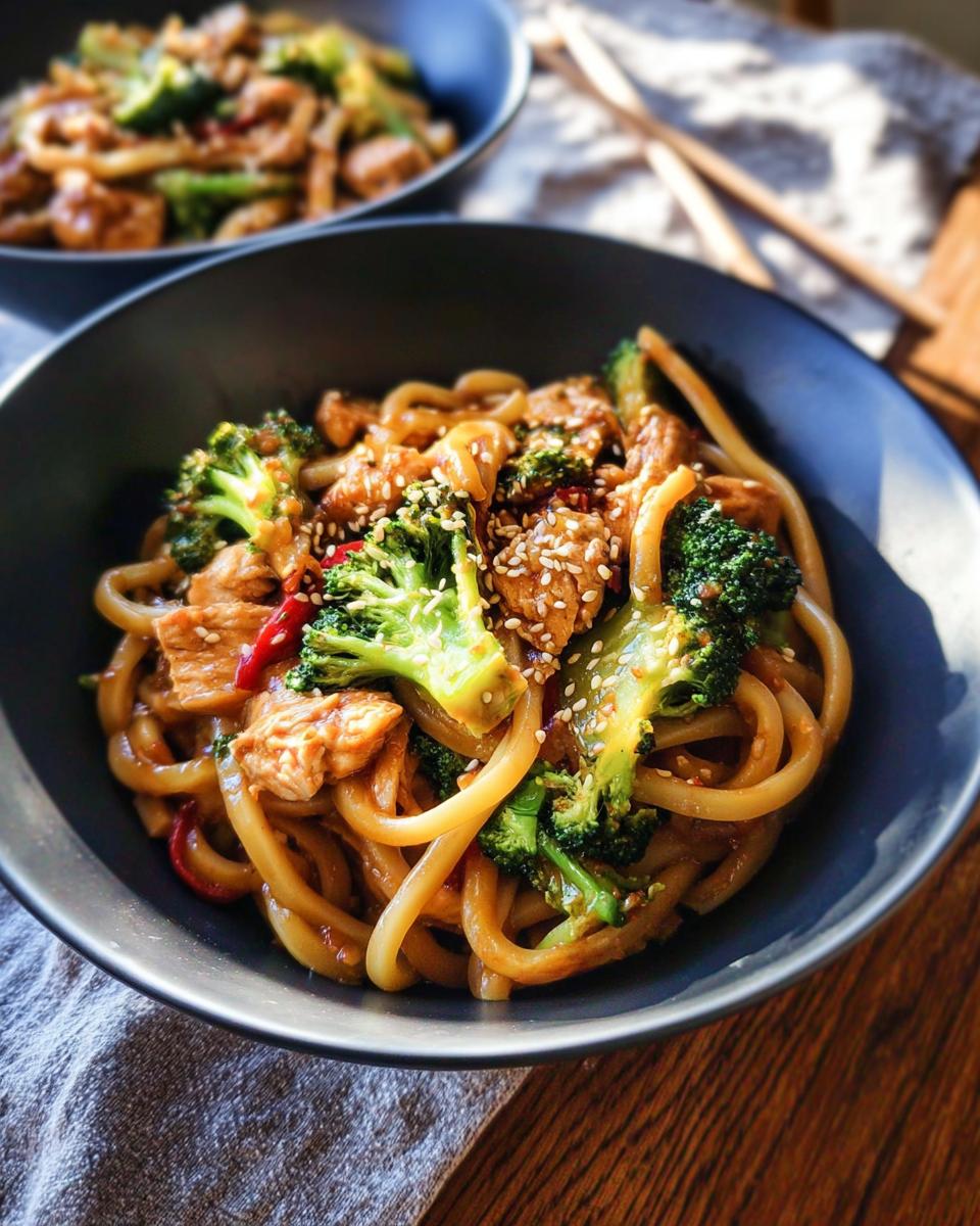 Close-up of a Spicy Garlic Chicken and Broccoli Noodle Bowl with udon noodles, chicken, and broccoli, topped with sesame seeds.