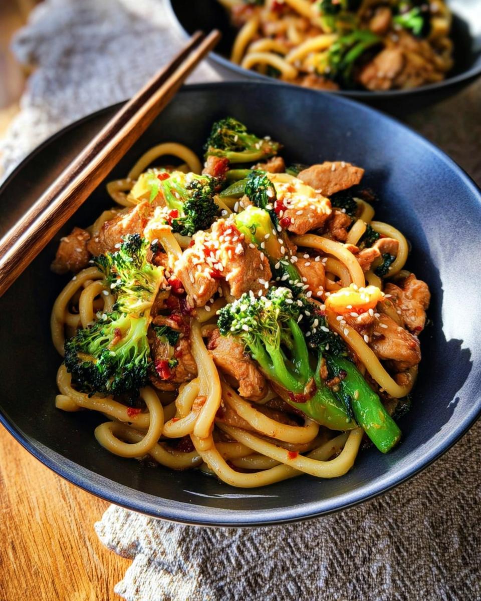 Close-up of a Spicy Garlic Chicken and Broccoli Noodle Bowl with thick noodles, tender chicken, and vibrant broccoli florets, topped with sesame seeds.
