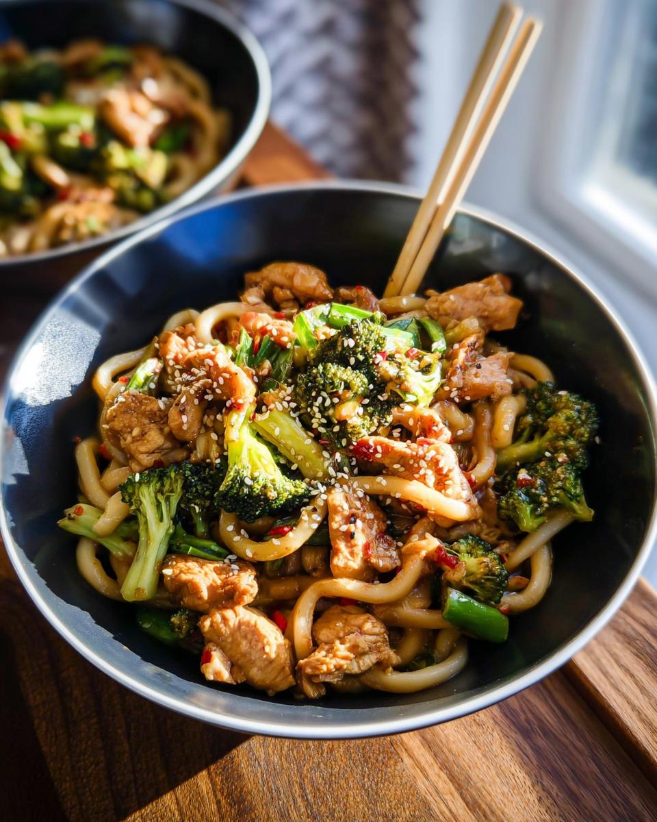 A close-up of a Spicy Garlic Chicken and Broccoli Noodle Bowl, topped with sesame seeds and chili flakes.