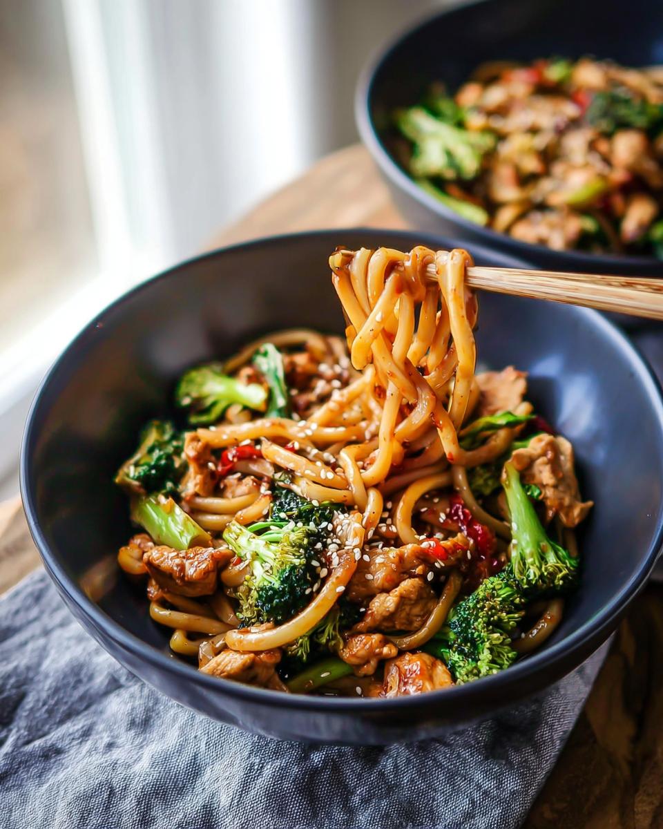 A bowl of Spicy Garlic Chicken and Broccoli Noodle Bowls with chopsticks lifting noodles.