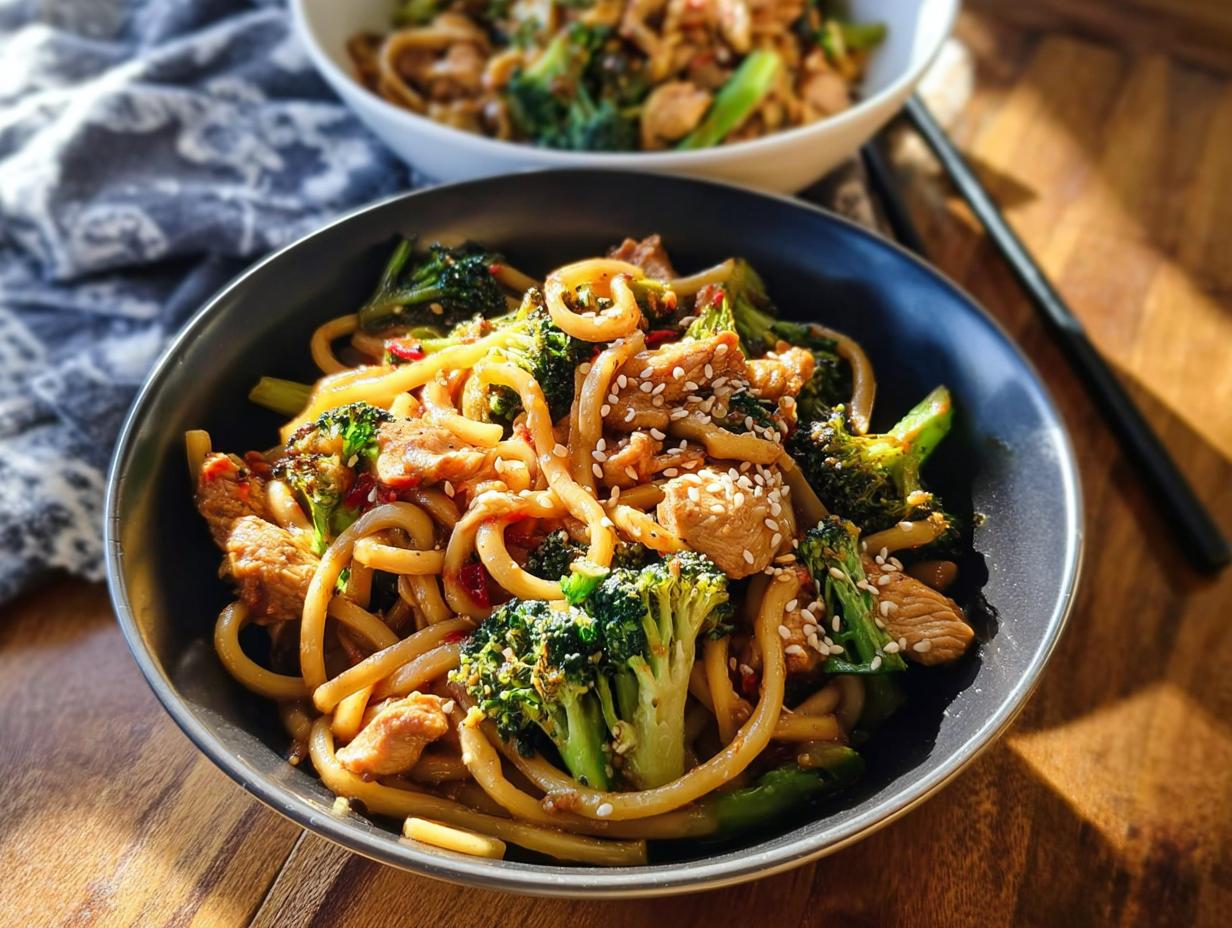 A close-up of a bowl filled with Spicy Garlic Chicken and Broccoli Noodle Bowls, garnished with sesame seeds.