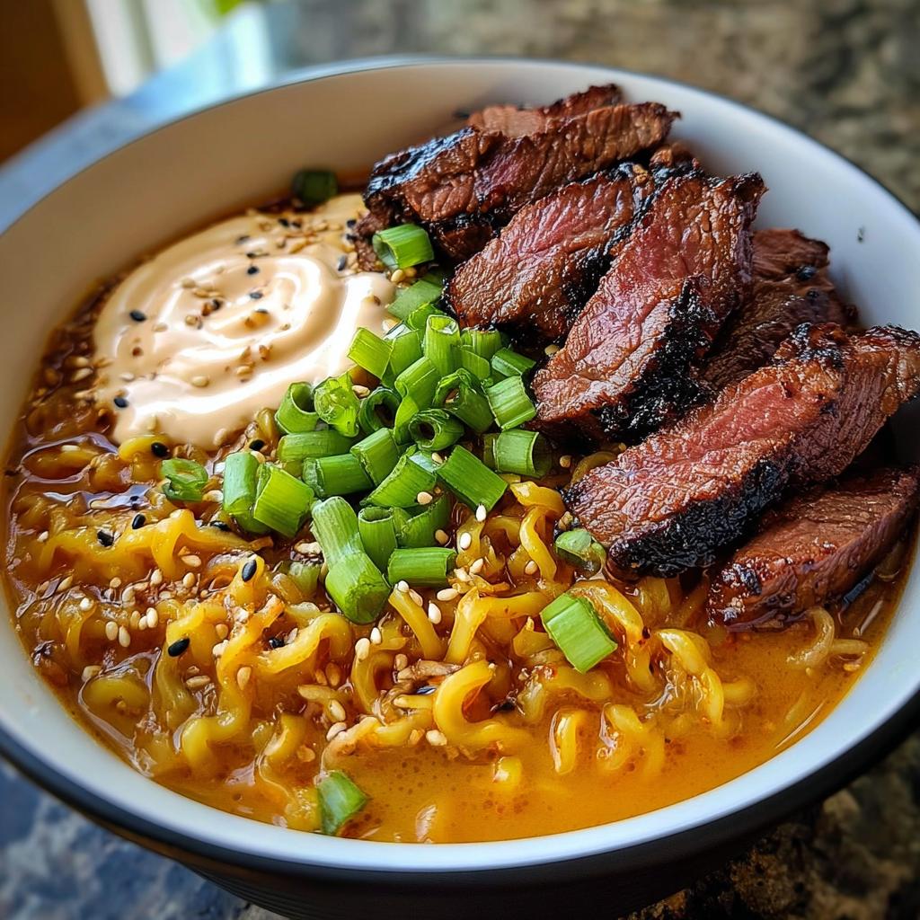 A bowl of Spicy Korean Ramen topped with sliced grilled beef, creamy sauce, and chopped green onions.