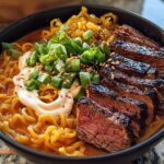 A bowl of Spicy Korean Ramen featuring grilled beef slices, creamy sauce, and green onions.