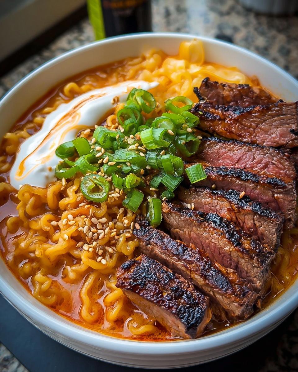 A bowl of Spicy Korean Ramen topped with sliced grilled beef, creamy sauce, green onions, and sesame seeds.