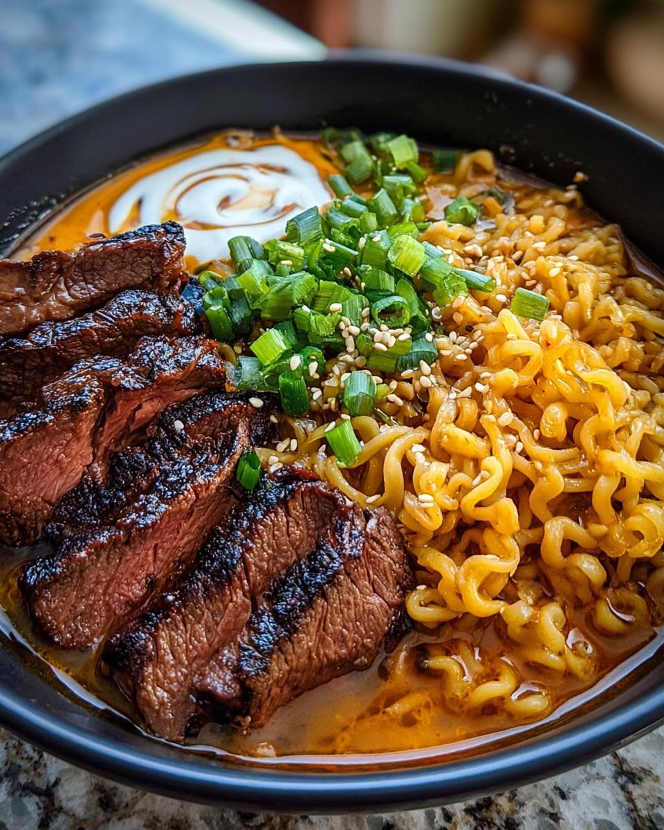 A bowl of Spicy Korean Ramen with grilled beef slices, ramen noodles, chopped green onions, sesame seeds, and a swirl of creamy sauce.