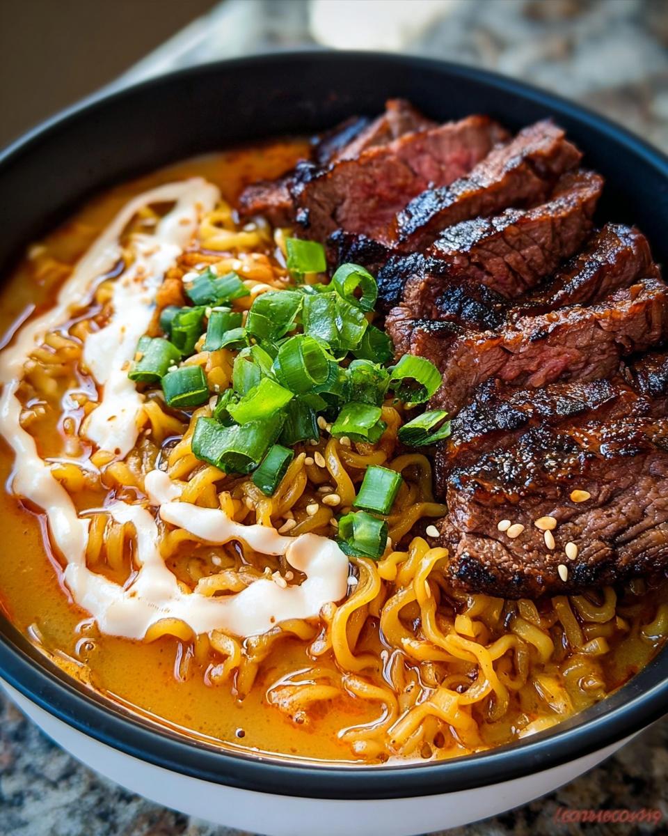 A close-up of Spicy Korean Ramen with tender grilled beef slices, creamy sauce, and chopped green onions.