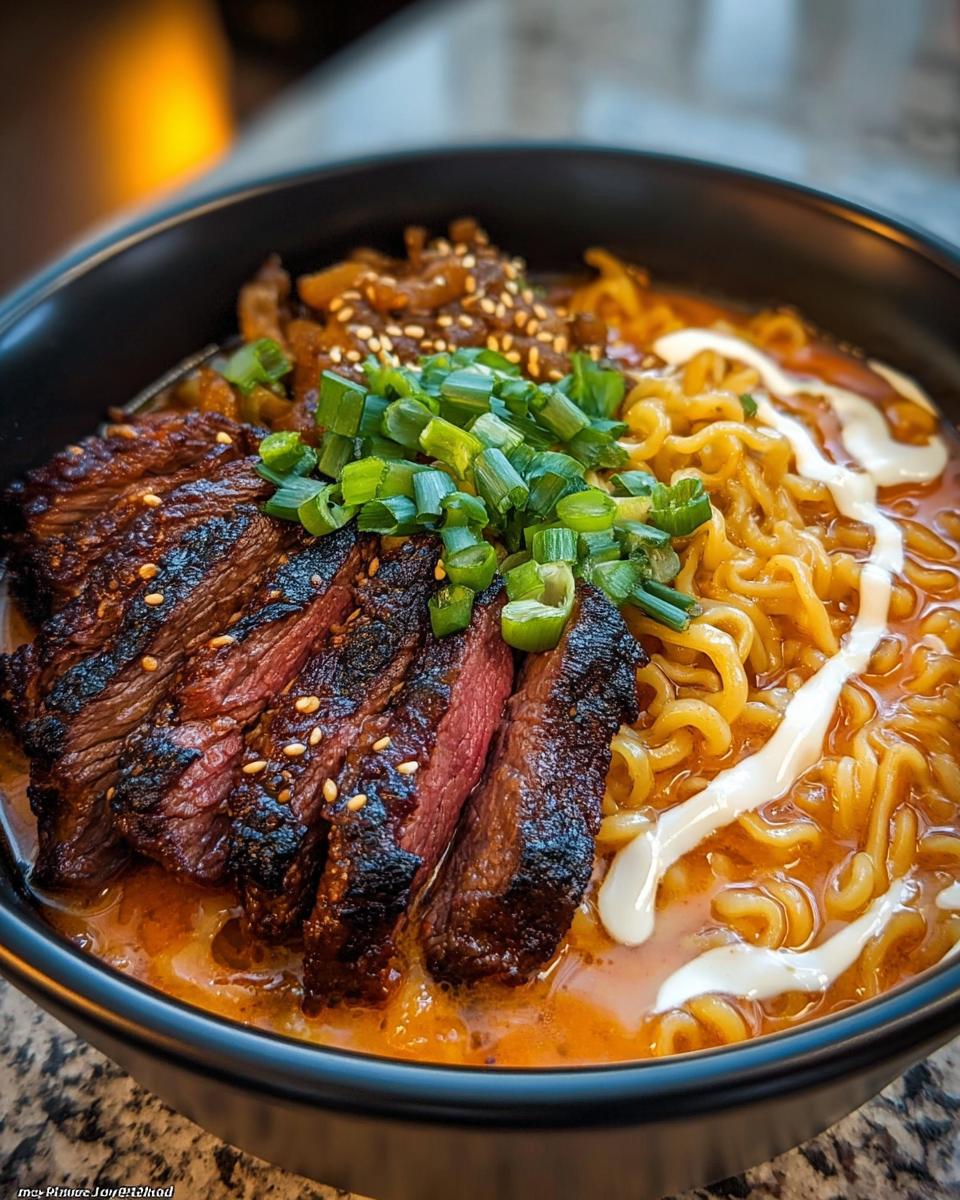 A close-up of a bowl of Spicy Korean Ramen with perfectly grilled beef slices, ramen noodles, and a drizzle of creamy sauce.