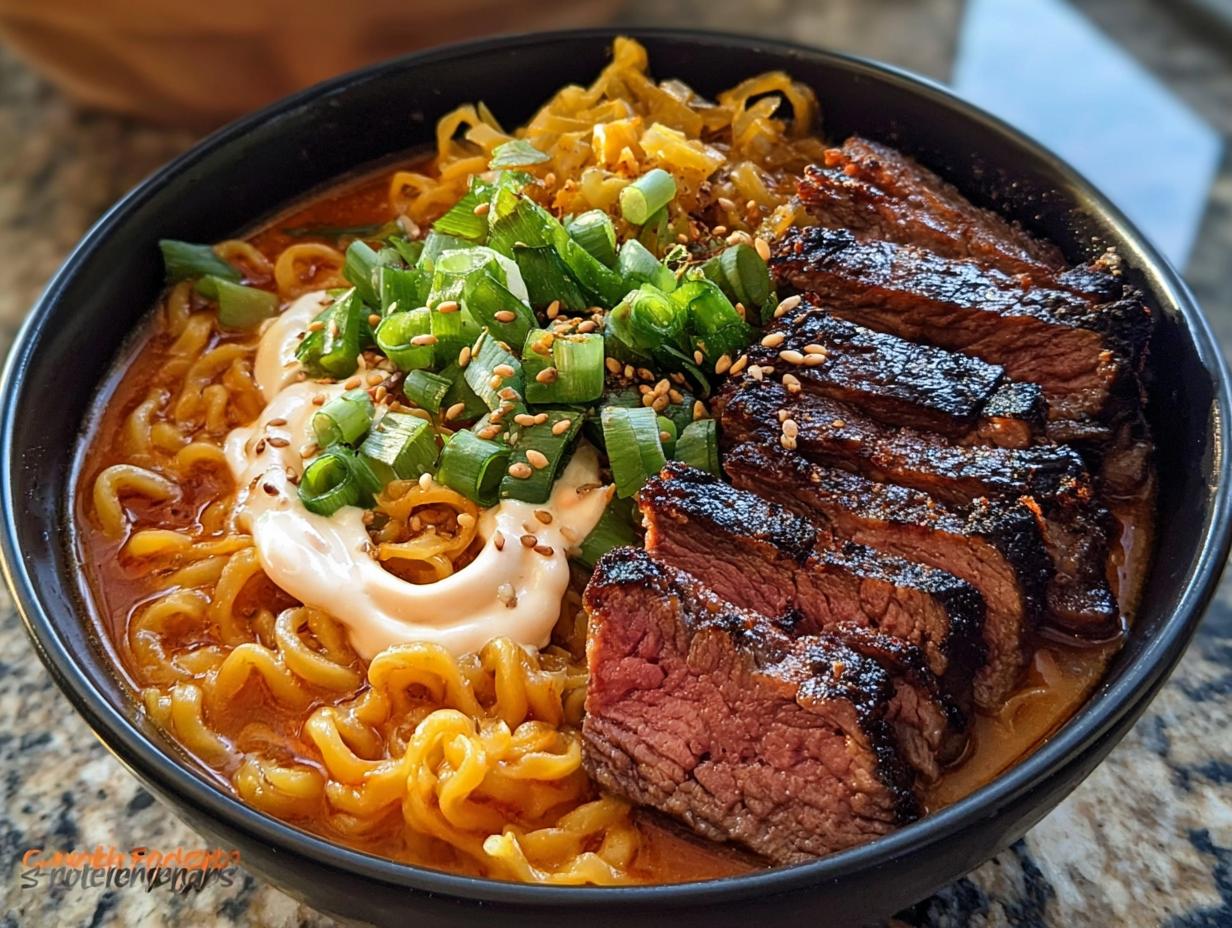 A bowl of Spicy Korean Ramen featuring grilled beef slices, creamy sauce, and green onions.