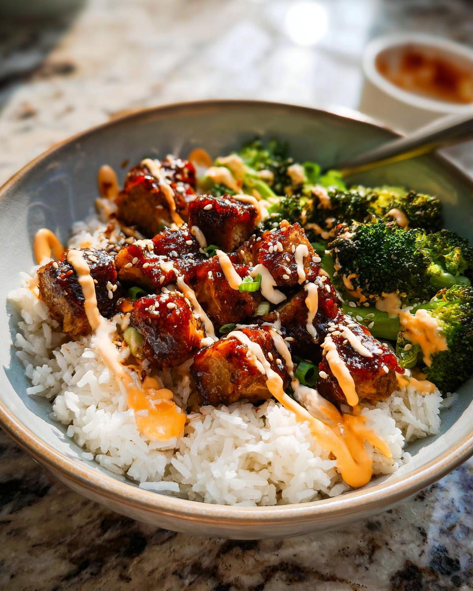 A close-up of a bowl filled with white rice, topped with glazed chicken pieces, roasted broccoli, and a drizzle of sauce.