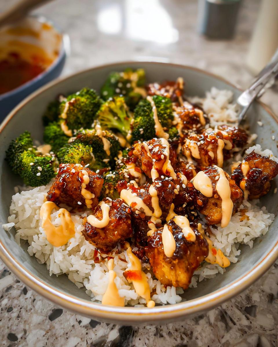 Close-up of a bowl of Sticky Chicken Bowls with white rice, steamed broccoli, and a drizzle of sauce.